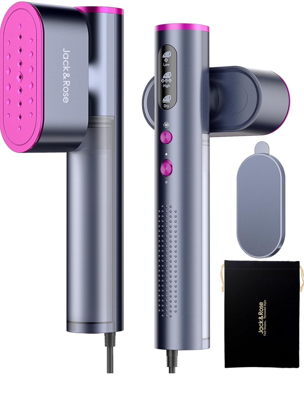 Jack & Rose Handheld Garment Steamer in Metallic Gray & Hot Pink